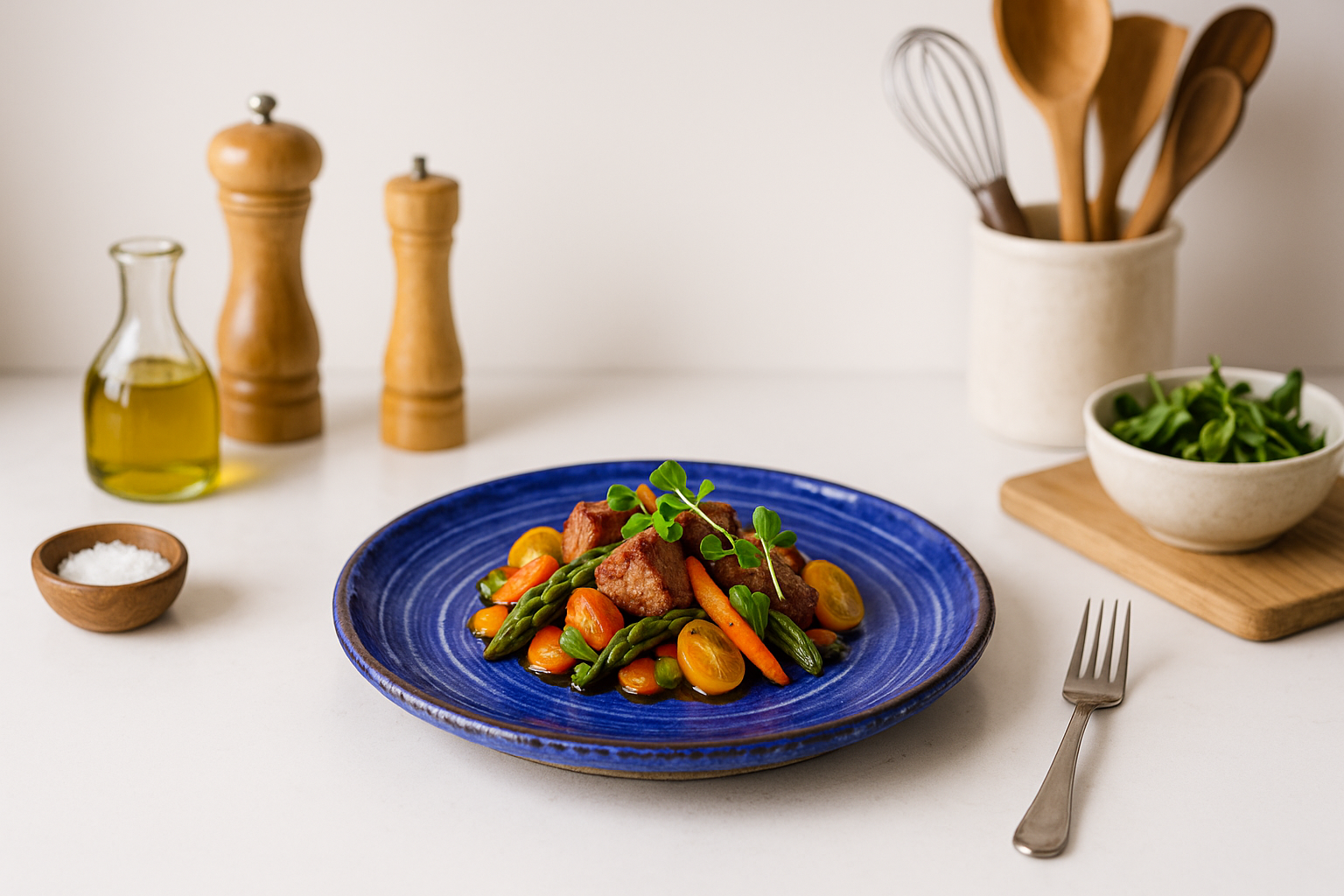 Assiette bleu tourbillon cuisine fond blanc vaisselle mixte