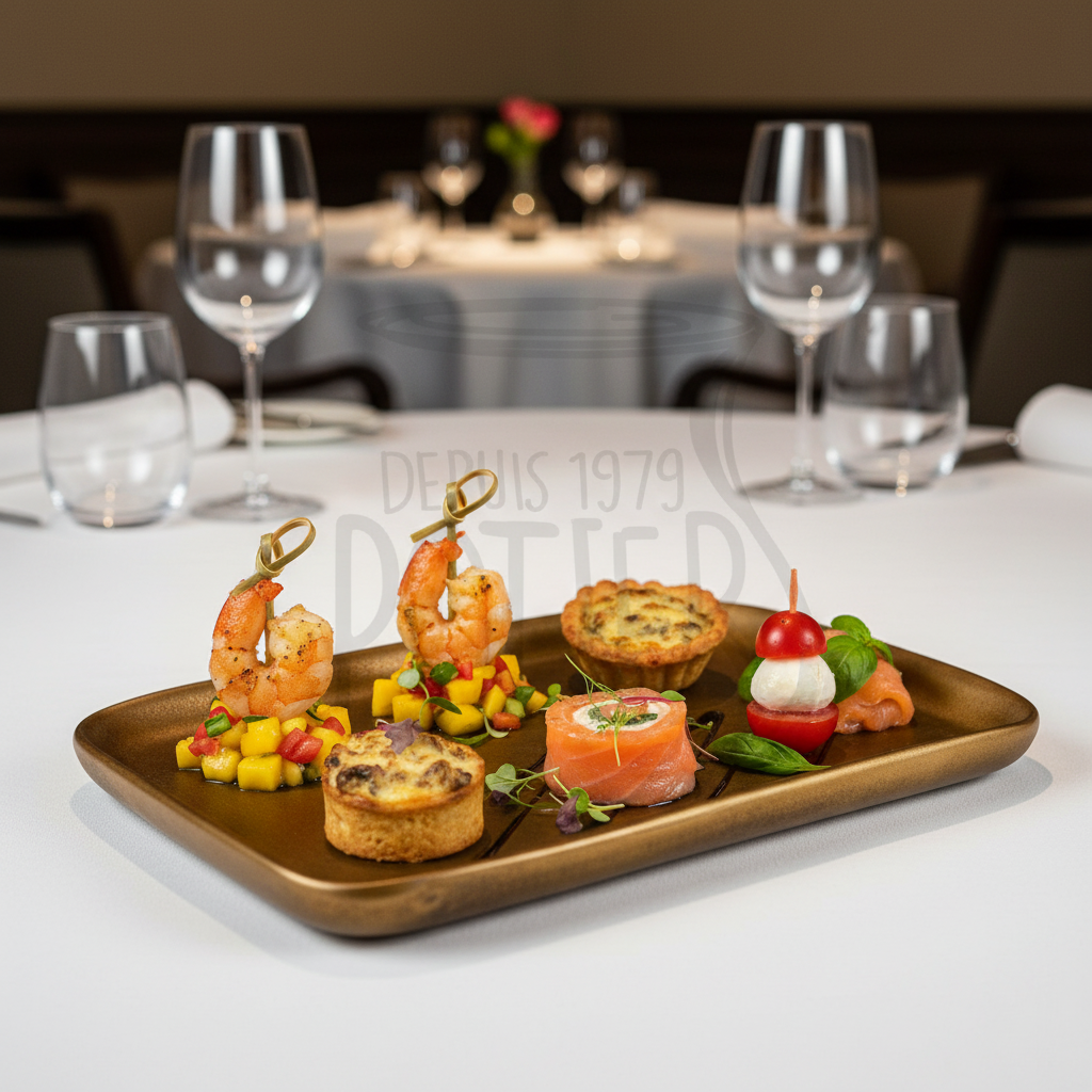Assiette bronze dorée avec canapés