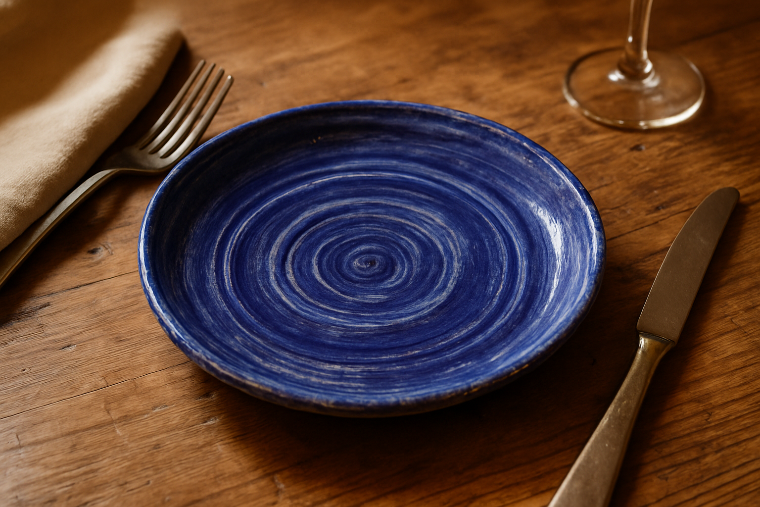 Assiette émaillage bleu avec motif tourbillon et touches artisanales