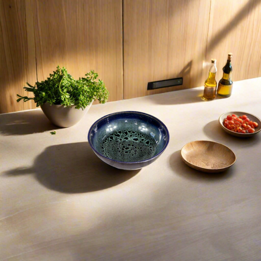 STONEWARE BOWL IN SPECKLED BLUE AND GREEN