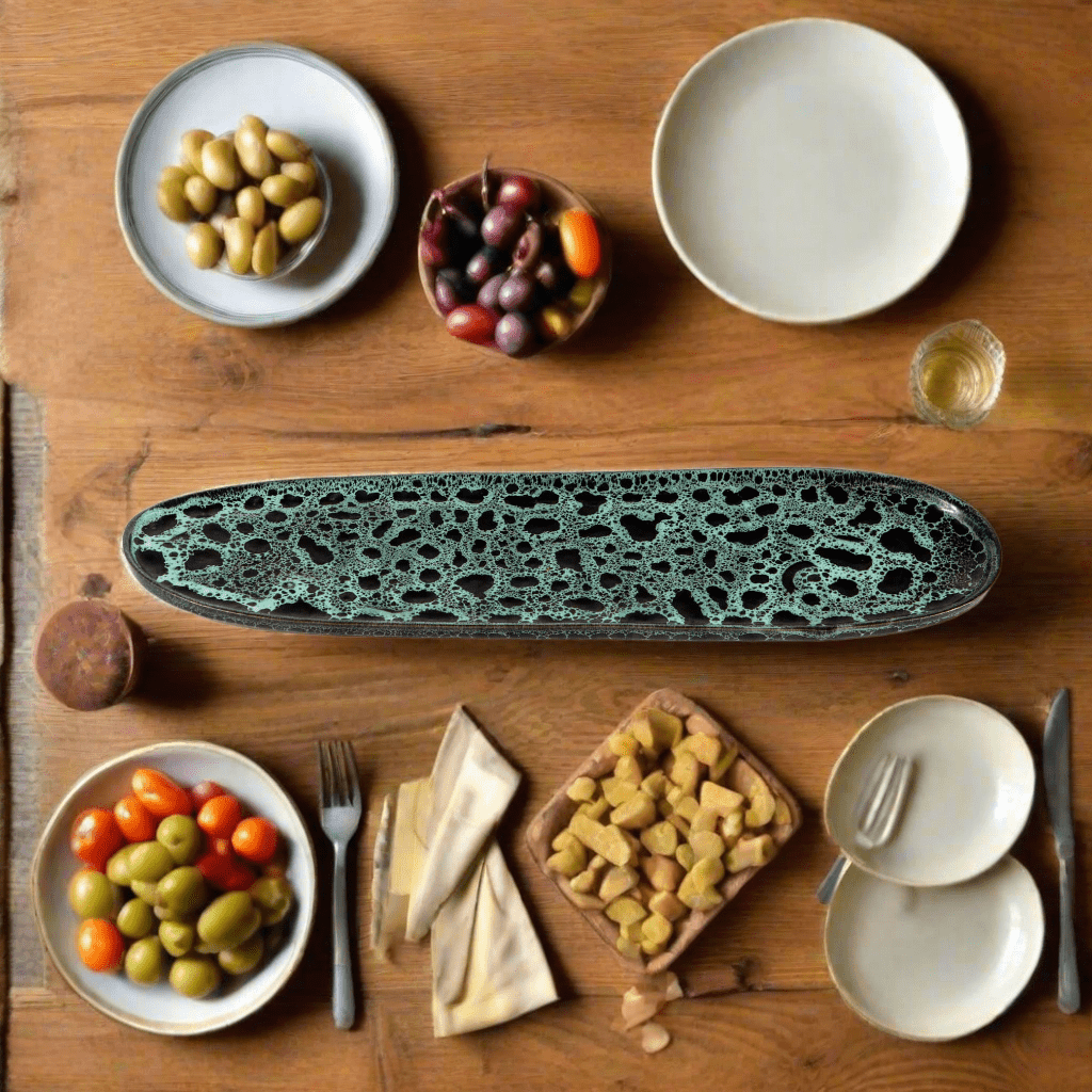 PLAT DE SERVICE LONG EN GRÈS CÉRAMIQUE VERT ÉMAILLÉ MOUCHETÉ - La Maison du Potier