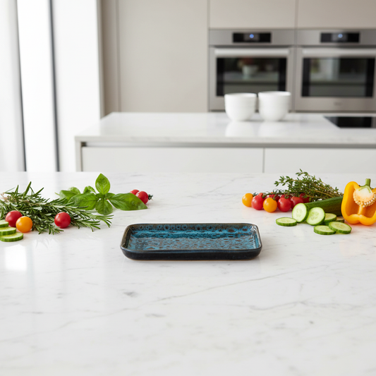 Plat rectangulaire bleu moucheté dans cuisine contemporaine