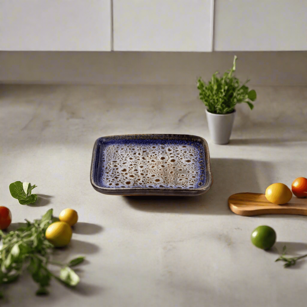 Plat Rectangulaire en Grès Céramique Émaillée - Bleu et Brun - La Maison du Potier