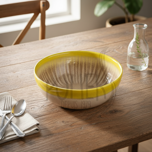 Saladier crème-jaune avec mouchetage brun artisanal - scan intensif