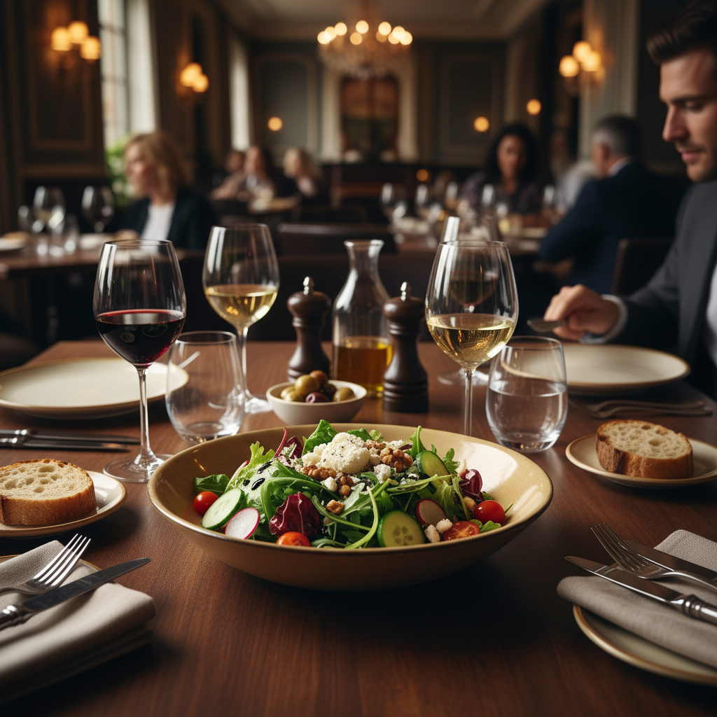 Saladier doré au centre table gastronomique