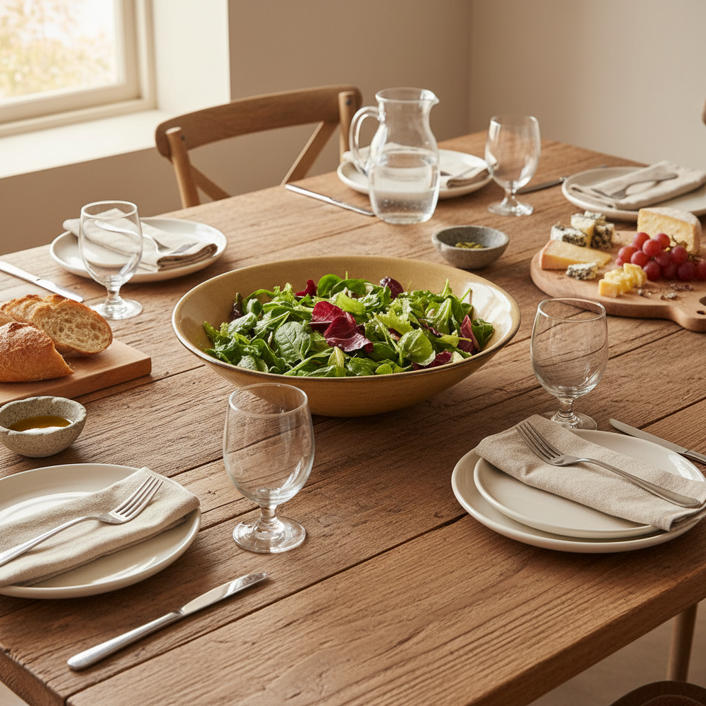 Saladier doré au centre table rustique