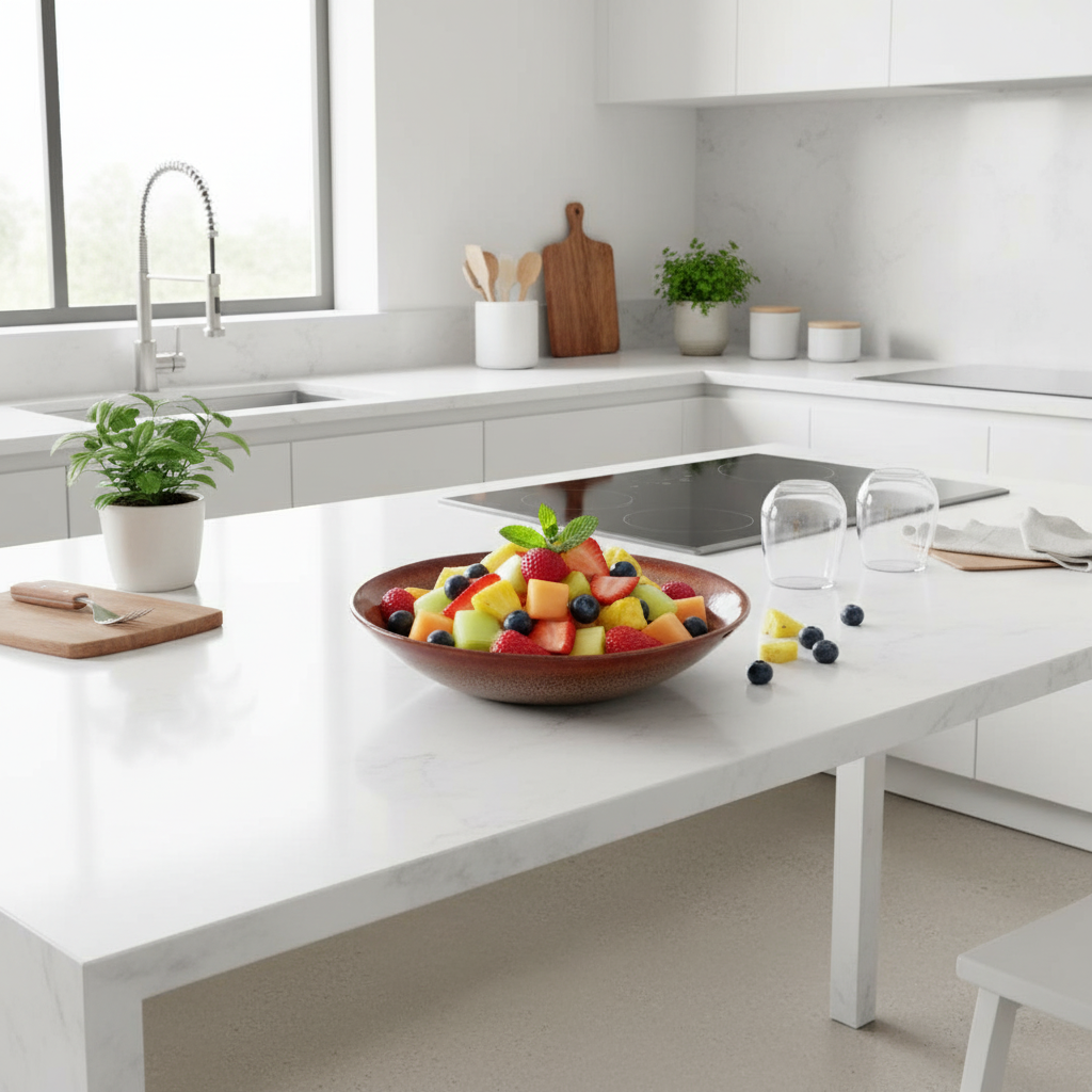 Saladier marron beige moucheté au centre cuisine moderne