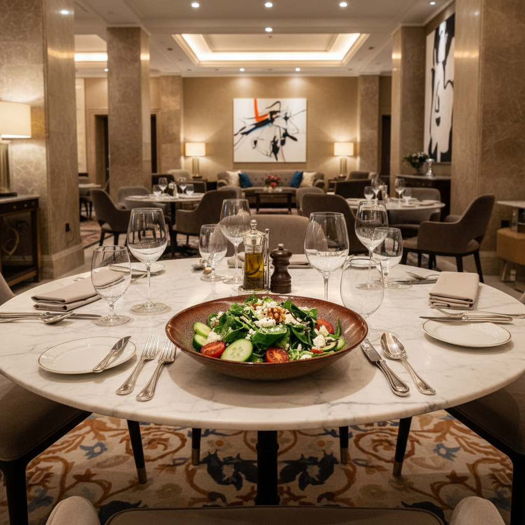 Saladier marron beige moucheté au centre hôtel luxe