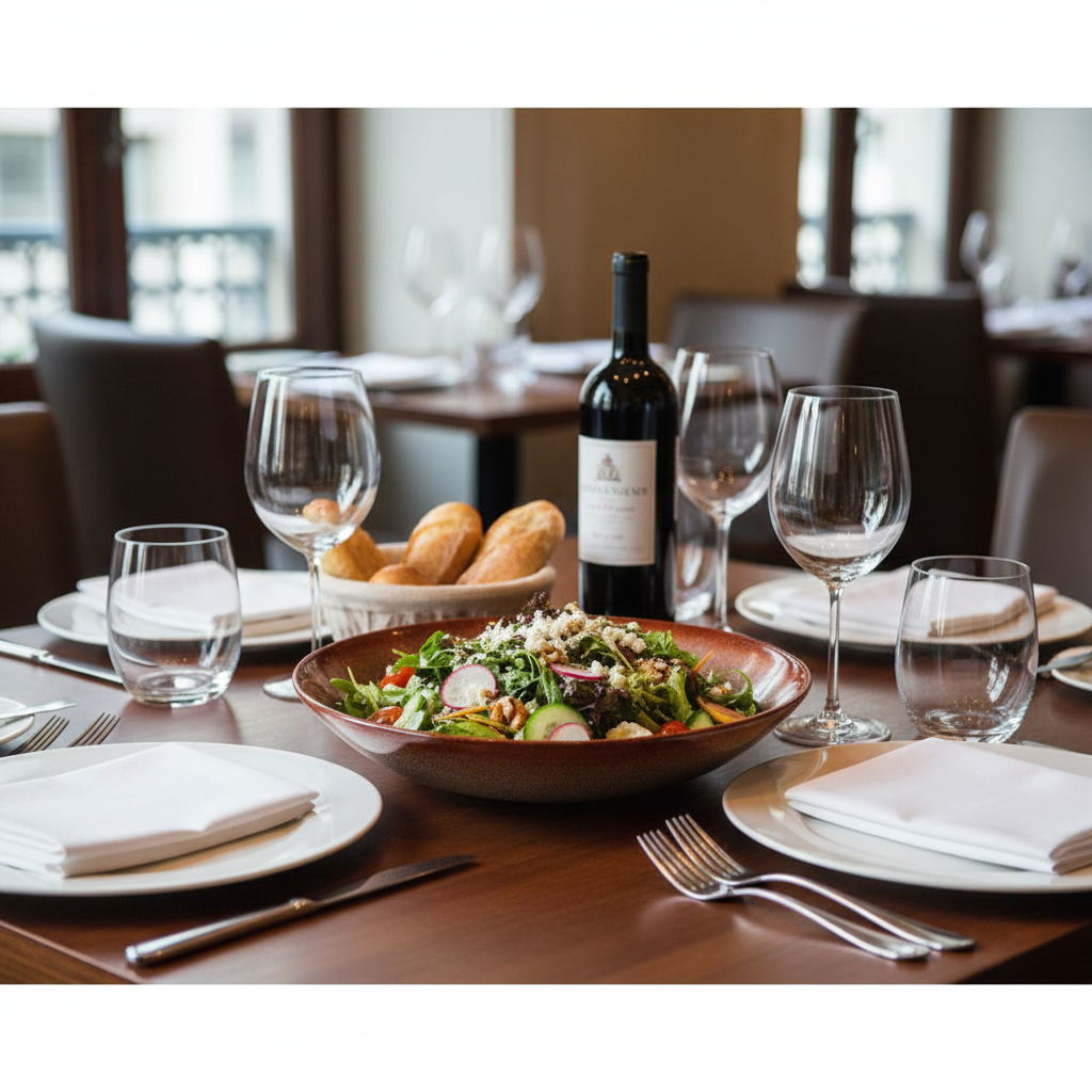 Saladier marron beige moucheté au centre table gastronomique