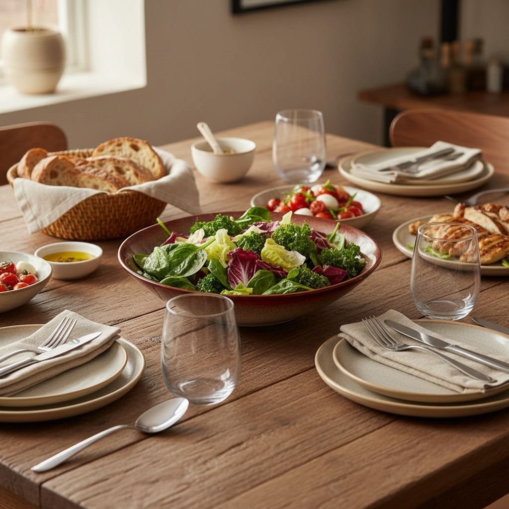 Saladier marron beige moucheté au centre table rustique