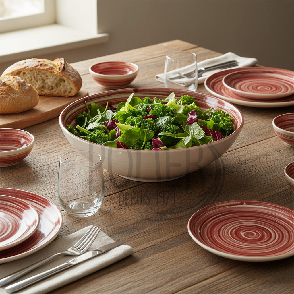 Saladier rouge blanc tourbillon artisanal au centre table rustique