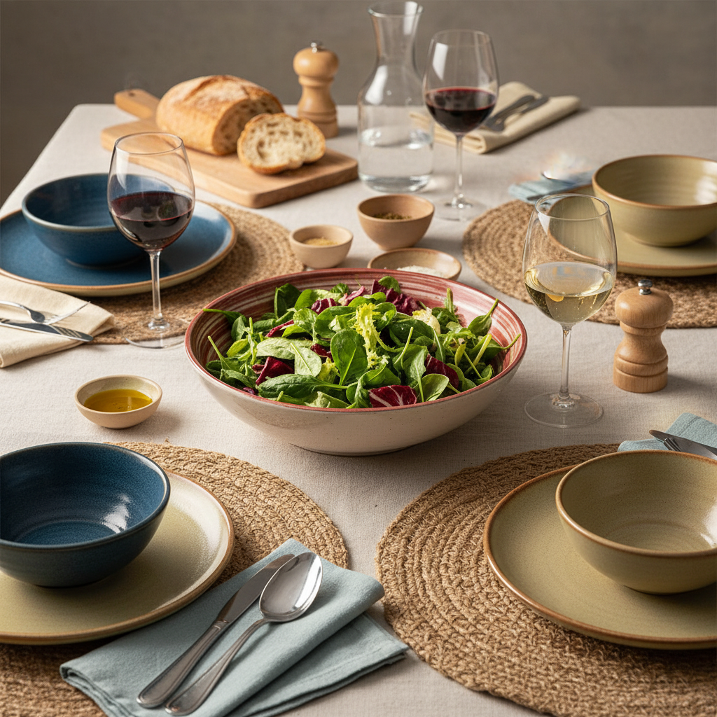 Saladier rouge blanc tourbillon avec vaisselle variée - pas d'ensemble