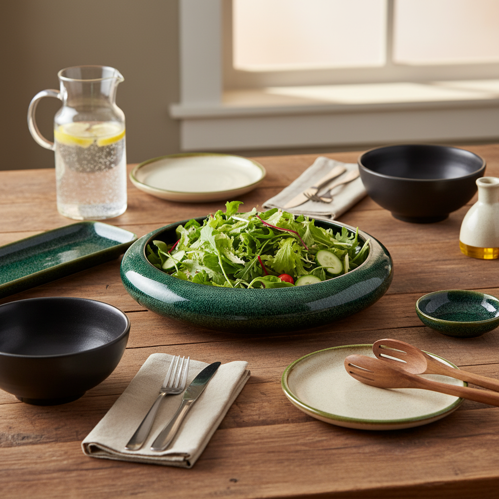 Saladier vert au centre avec autres éléments rustiques