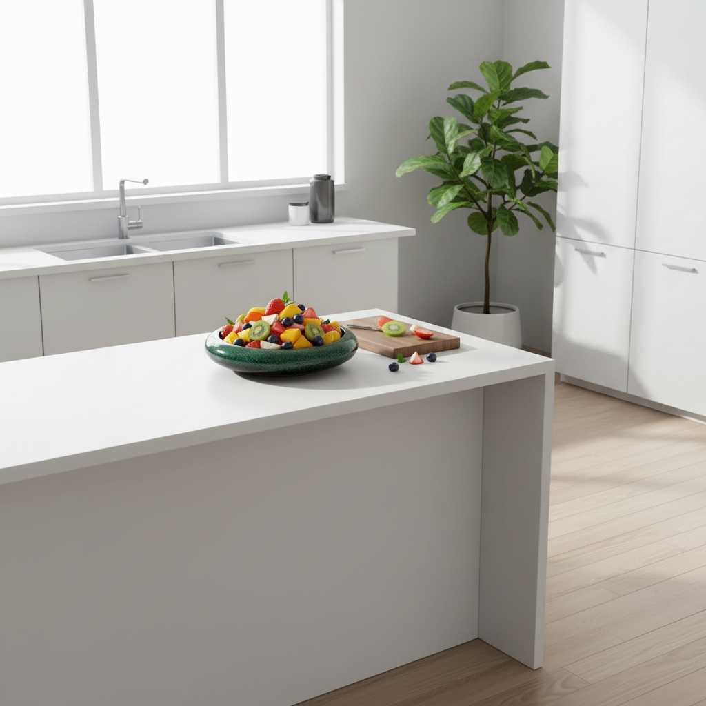 Saladier vert moucheté avec fruits débordants - vue large