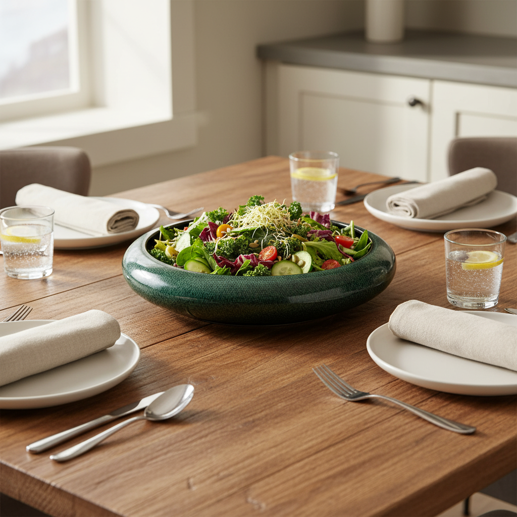 Saladier vert moucheté avec salade abondante - vue large