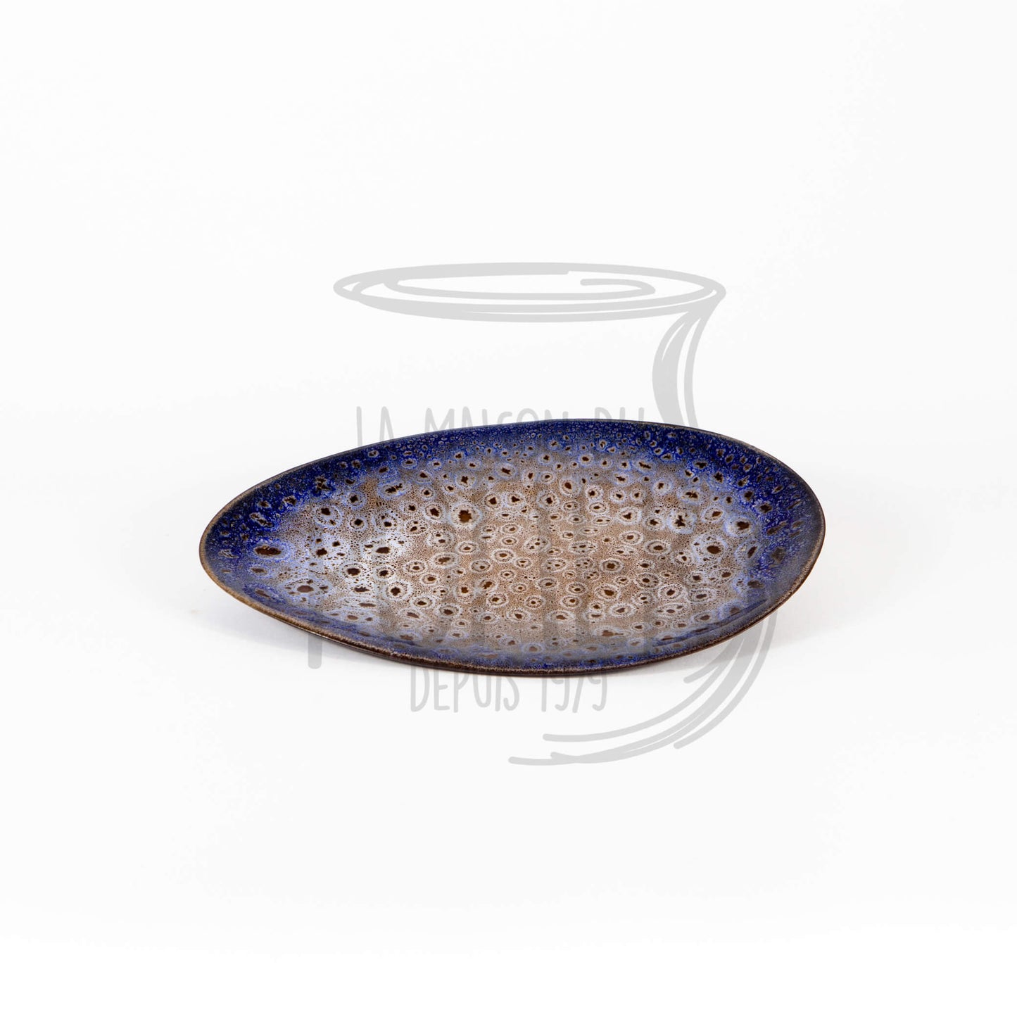 Assiette Ovale en Grès Céramique bleu fond beige moucheté
