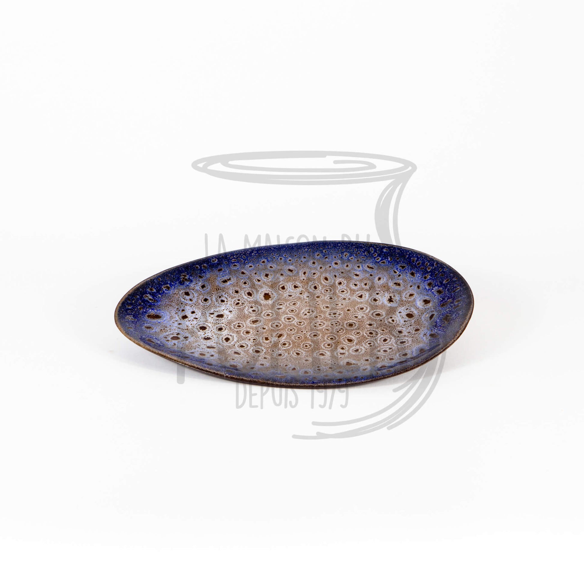 Assiette Ovale en Grès Céramique bleu fond beige moucheté