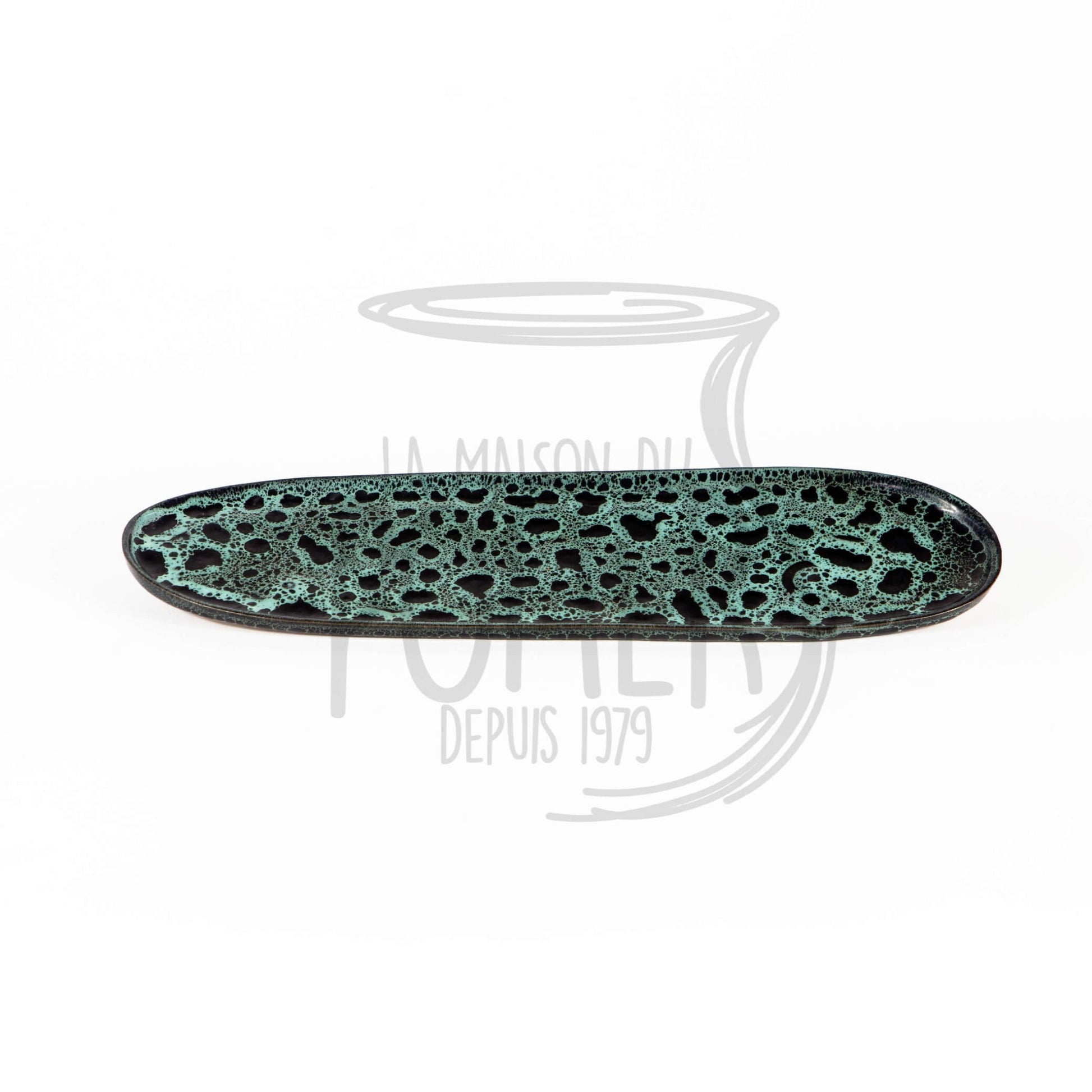 PLAT DE SERVICE LONG EN GRÈS CÉRAMIQUE VERT ÉMAILLÉ MOUCHETÉ - La Maison du Potier
