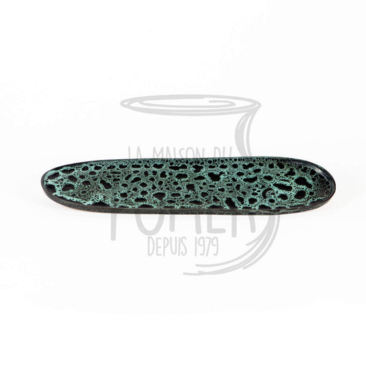 PLAT DE SERVICE LONG EN GRÈS CÉRAMIQUE VERT ÉMAILLÉ MOUCHETÉ - La Maison du Potier