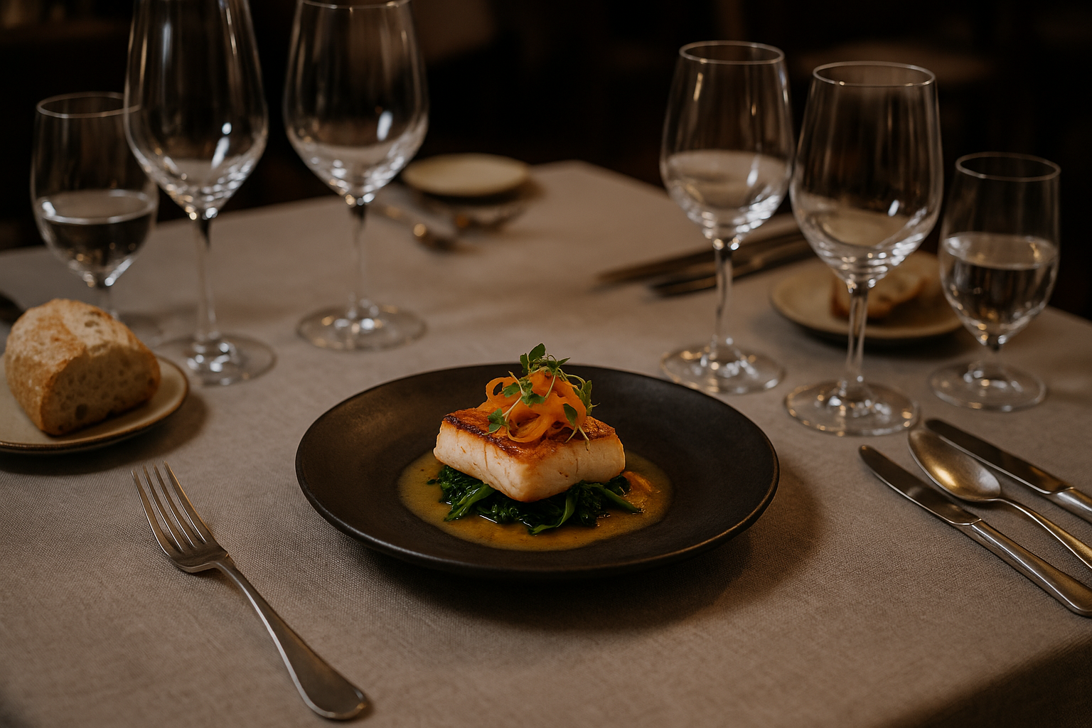 Assiette ronde noir mat gastronomique vaisselle mixte