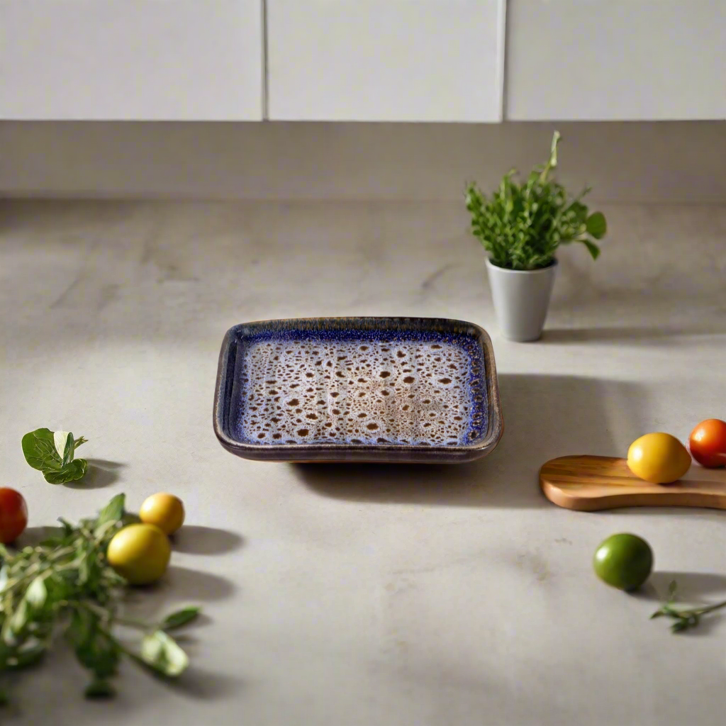 Rectangular Glazed Terracotta Dish - Blue and Brown