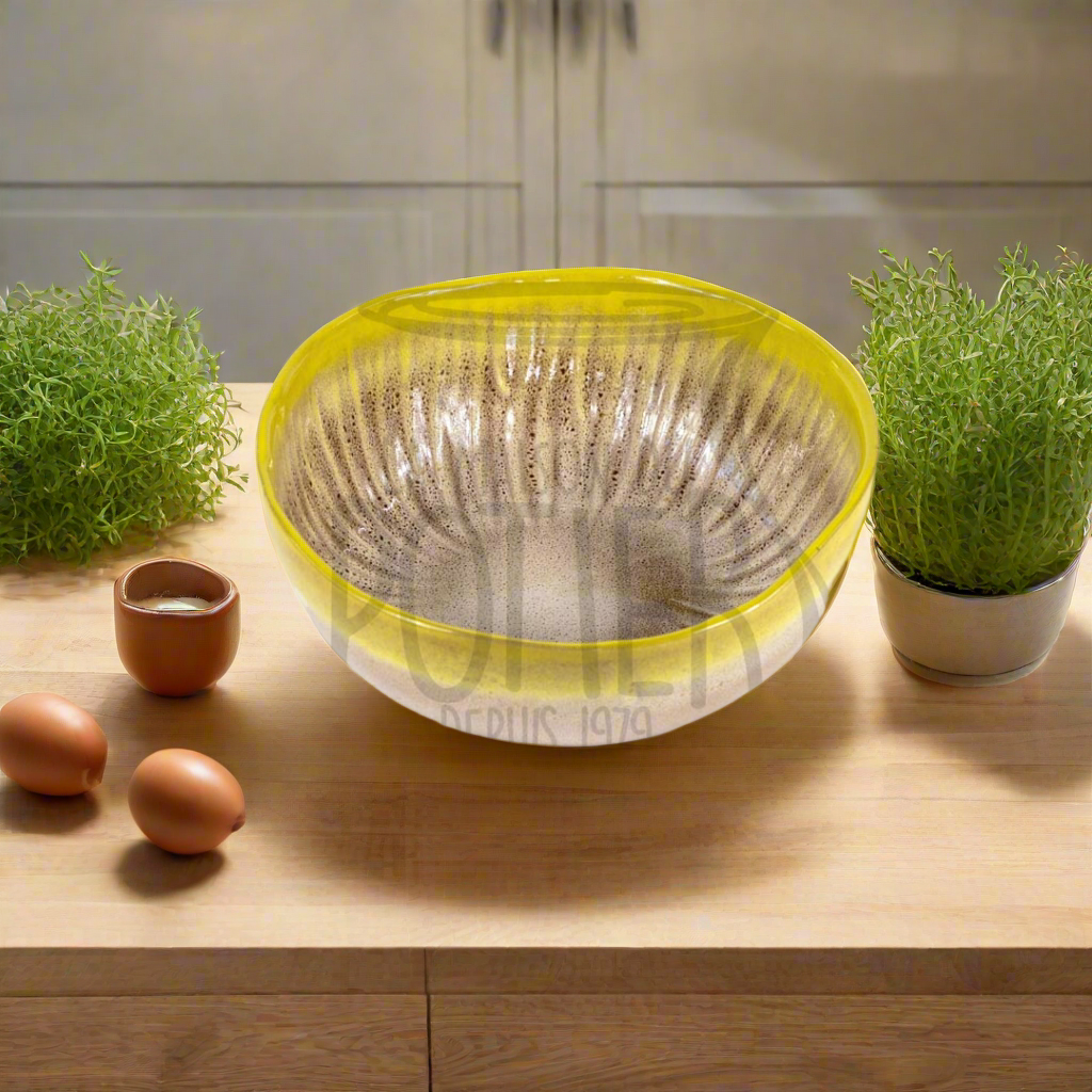 Yellow and Brown Enameled Terracotta Salad Bowl