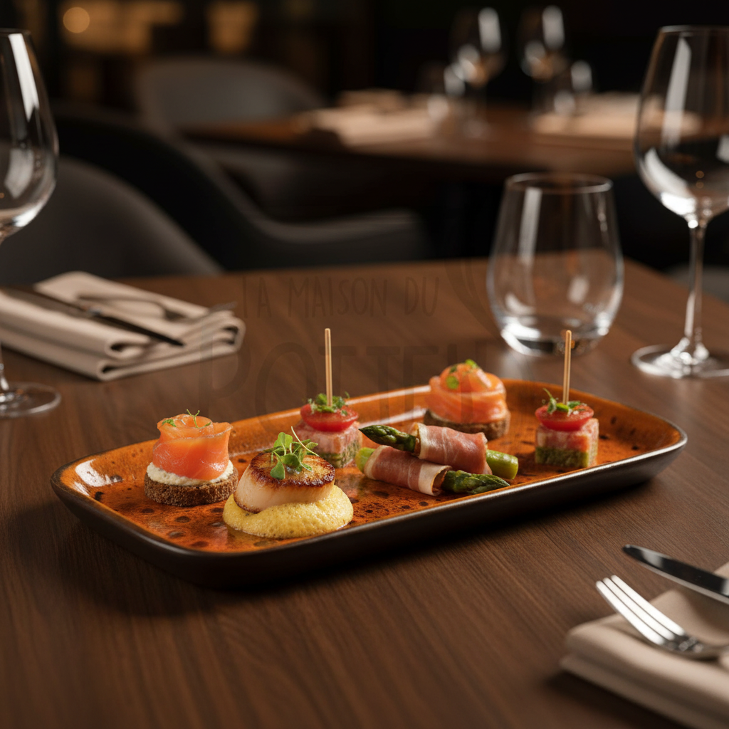Plat orange avec canapés gastronomiques