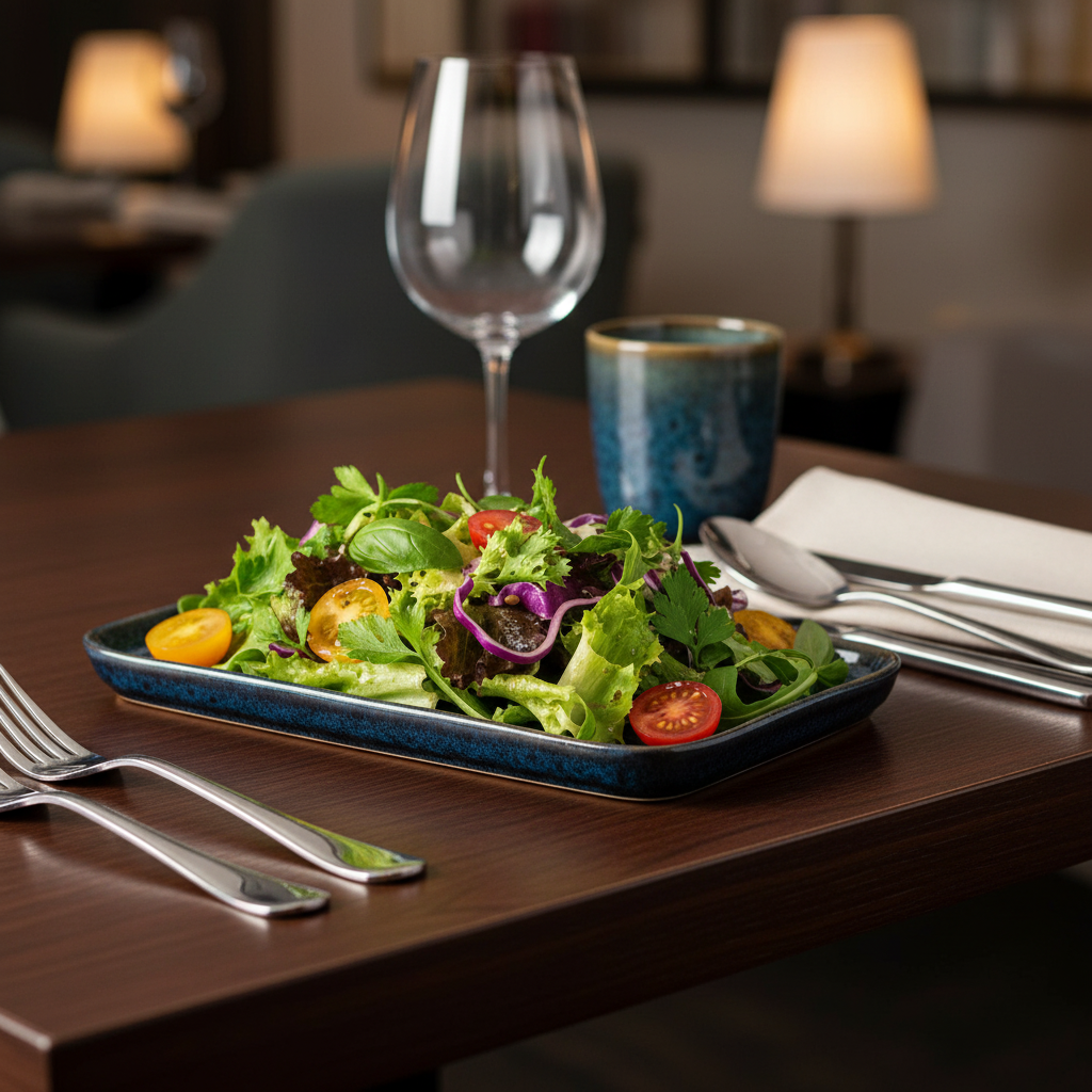Plat rectangulaire bleu moucheté avec salade gastronomique
