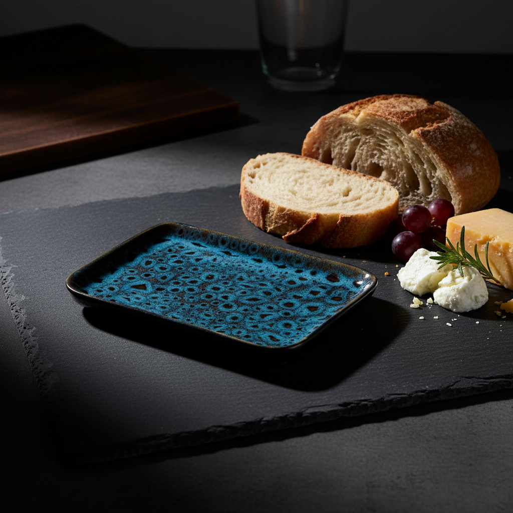 Plat rectangulaire bleu moucheté mise en scène sophistiquée