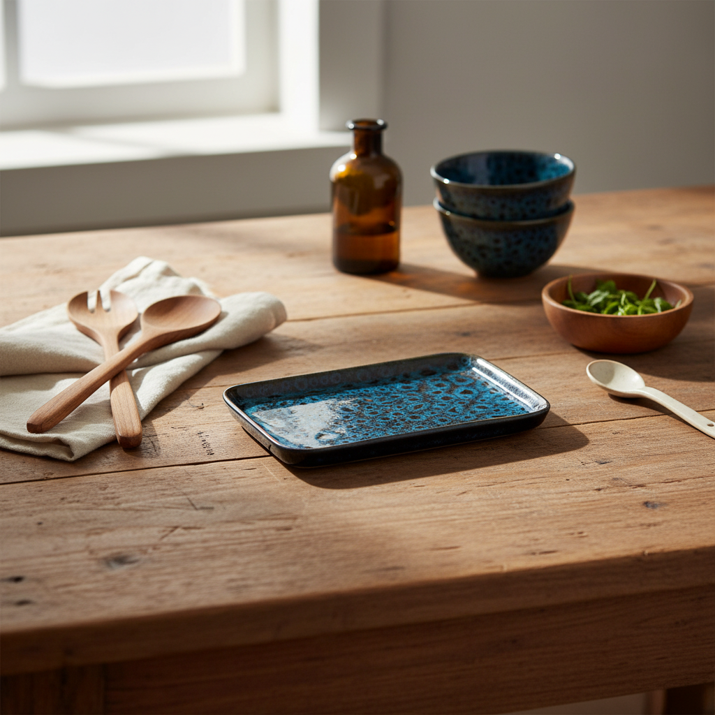 Plat rectangulaire en grès céramique bleu moucheté dans une scène élégante