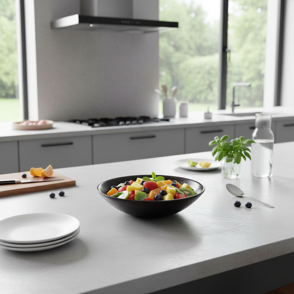 Saladier noir mat artisanal au centre cuisine moderne