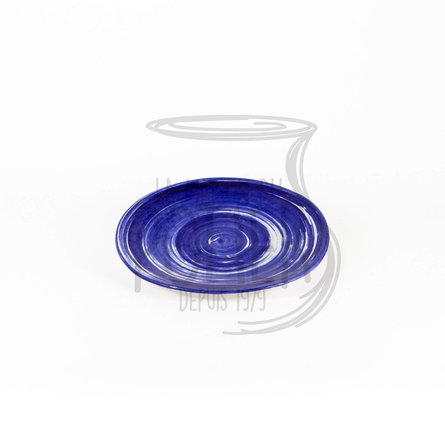 Assiette Artisanale en Terre Cuite - Émaillage Bleu avec Motif Tourbillon